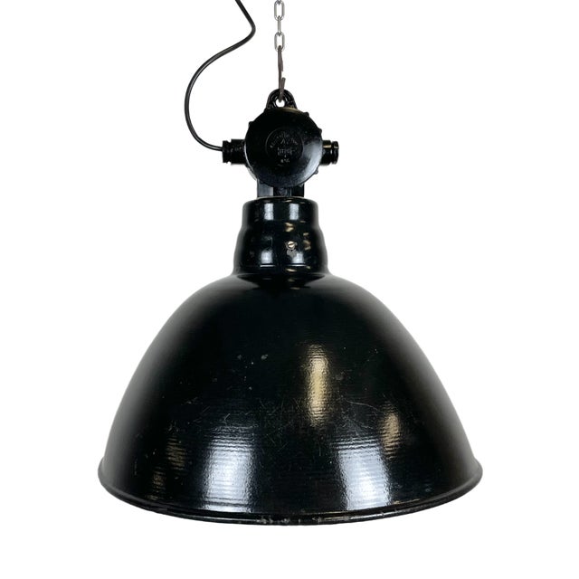 East German Black Enamel Factory Light by LBD Veb Leuchtenbau, Dresden, 1950s For Sale