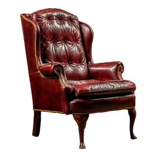 1980s Vintage Tufted Wingback Armchair in Oxblood For Sale