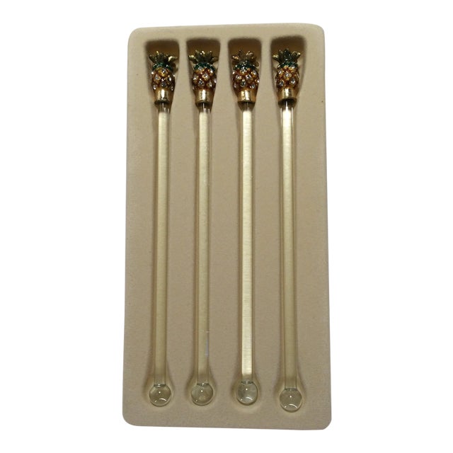 Pineapple Topped Stir Sticks Gold and Crystal - Set of 4 For Sale