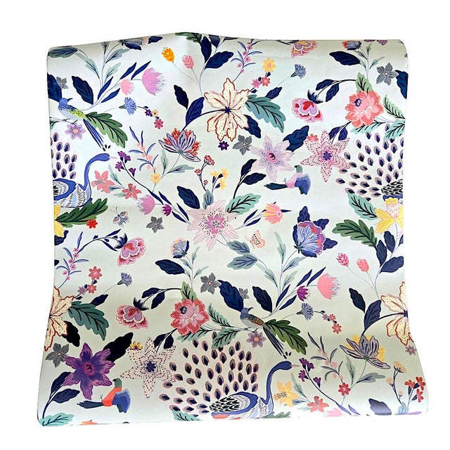 Offered is a full roll of Anthropologie Sylvia Floral Peacock Wallpaper in Light Denim. Bright flowers and peacocks on a...