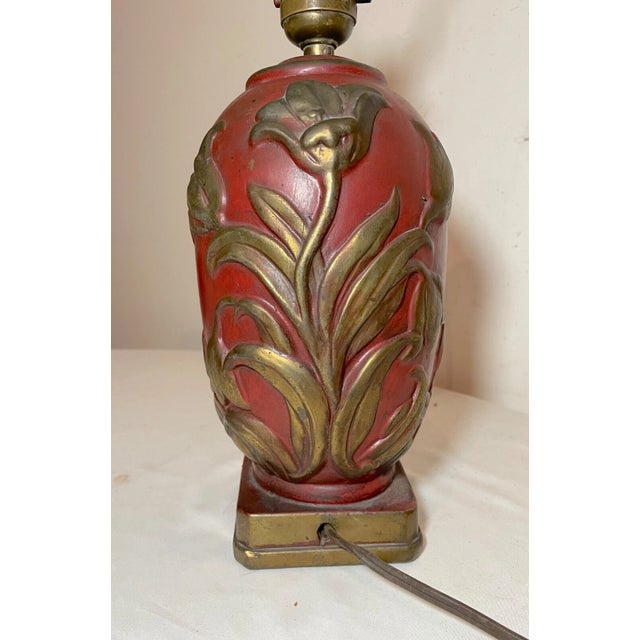 Red Antique Heavy Bronze Clad Polychromed Red Flower Relief Electric Table Lamp For Sale - Image 8 of 11