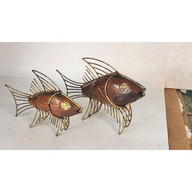 Mid-Century French Fish Sculptures in Wood and Gilded Metal, 1970s, Set of 2 For Sale - Image 4 of 14
