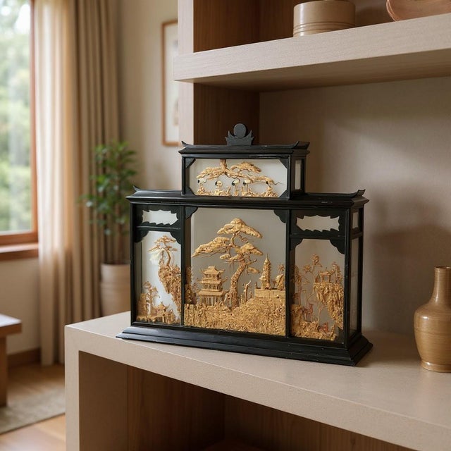 A beautifully detailed mid‑20th century Chinese cork carving diorama, showcasing an intricate multi‑layered landscape...