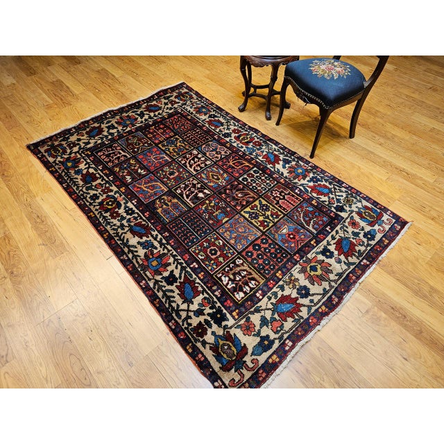 Vintage Persian Bakhtiari Rug, Hand-Knotted Wool, Allover Garden Panel Pattern, Pale Yellow & Red,5x7 For Sale In Chicago - Image 6 of 16