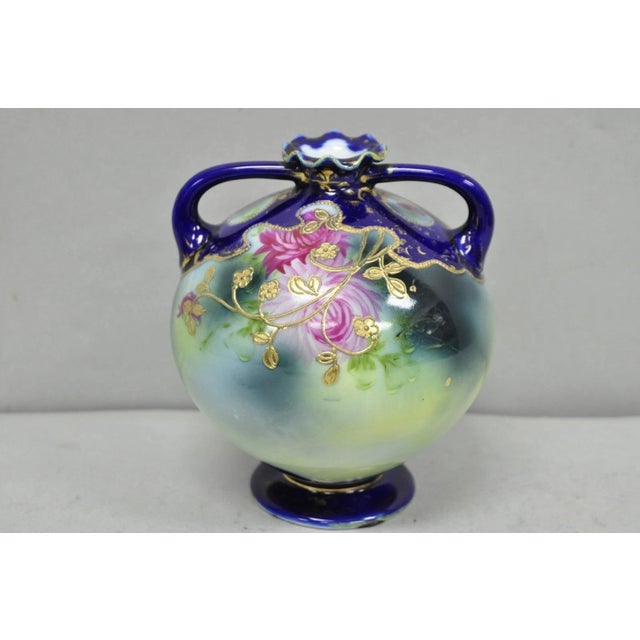 Vintage Victorian Blue Hand Painted Porcelain Floral Twin Handled Bulbous Vase For Sale - Image 9 of 14