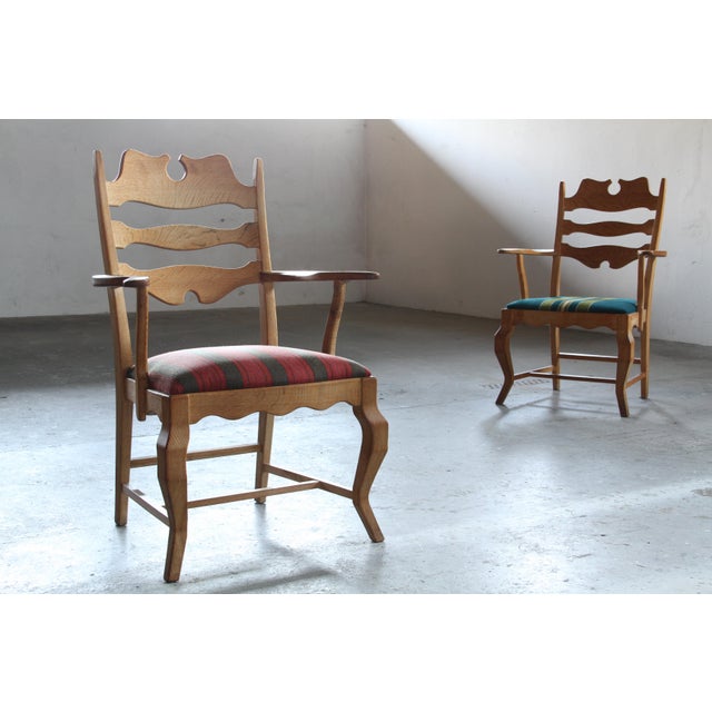 Mid-Century Modern Vintage Brutalist Oak Razorblade Red Striped Armchair attributed to H. Kjærnulf, 1960s For Sale - Image 3 of 18