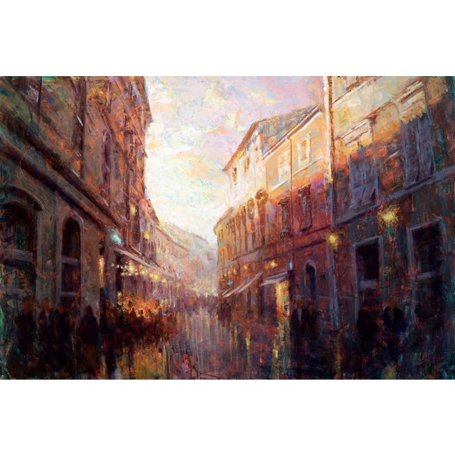 Bustling Alley at Dusk by Christopher Clark | Oil on wood panel painting of a lively street at sunset. For Sale