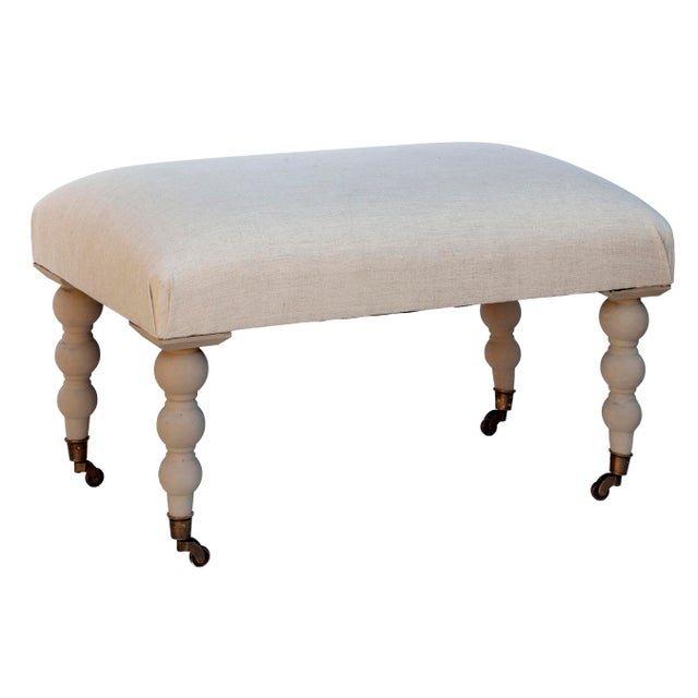 Late 20th Century Narrow Ottoman in Natural European Linen With Turned Legs on Casters For Sale - Image 4 of 7