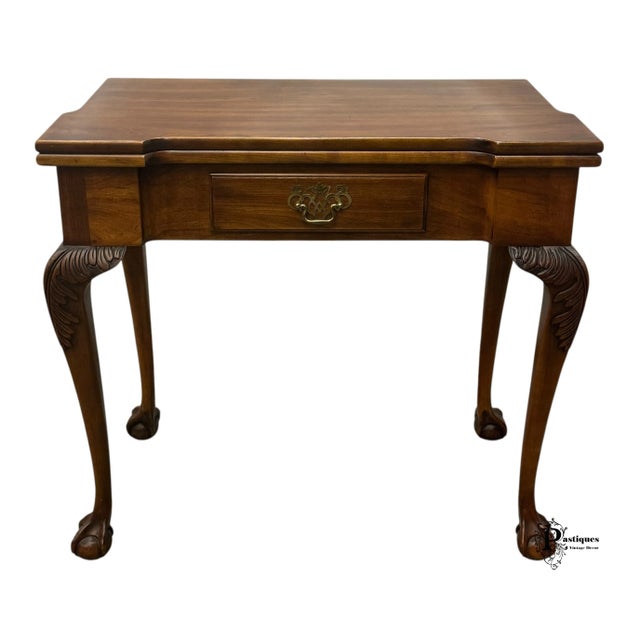 Vintage Statton Needham Bicentennial Collection Chippendale Style Oxford Cherry Flip Top Card / Console Table For Sale - Image 12 of 12