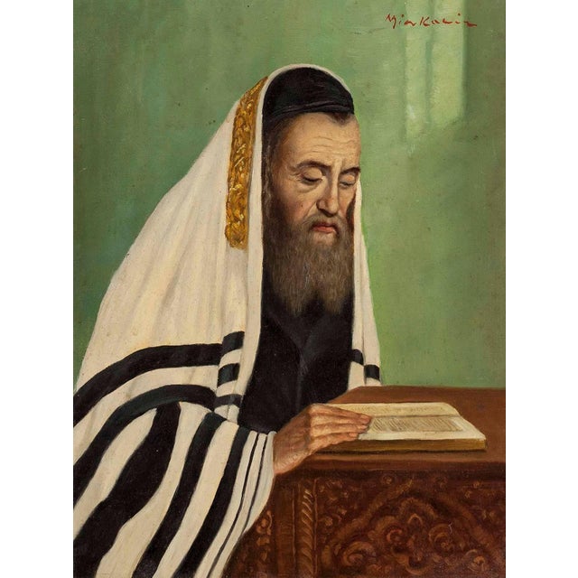 20th century Judaica realist oil portrait, synagogue interior.
