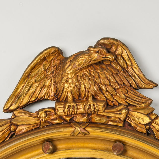 Large Antique Federal Eagle Convex Mirror Giltwood Bullseye Butler Mirror Circa 1920s For Sale - Image 13 of 16