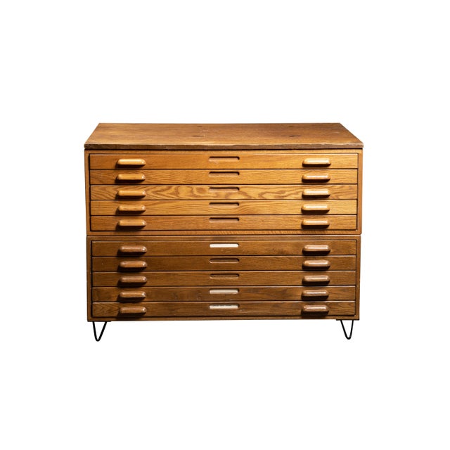 Vintage double-stack flat file cabinet constructed in oak and designed for the storage of architectural drawings,...