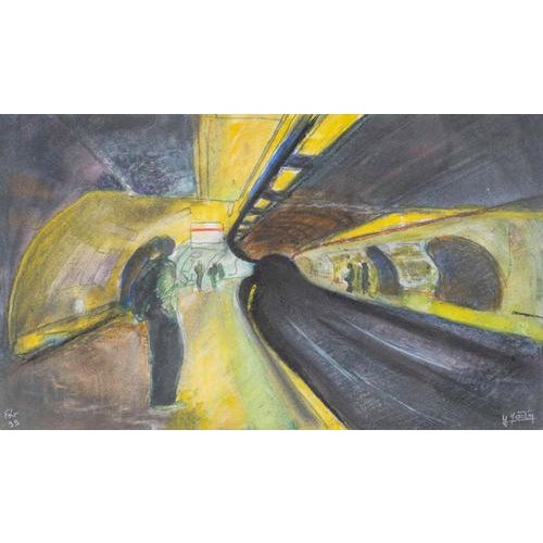 Drawing on paper by y. Jastoy, feb. 99, depicting a subway platform. 20th-century drawing on paper depicting a subway...