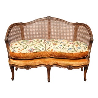 Antique French Louis XV Style Cane Settee Loveseat W Down & Orange Floral Fabric For Sale