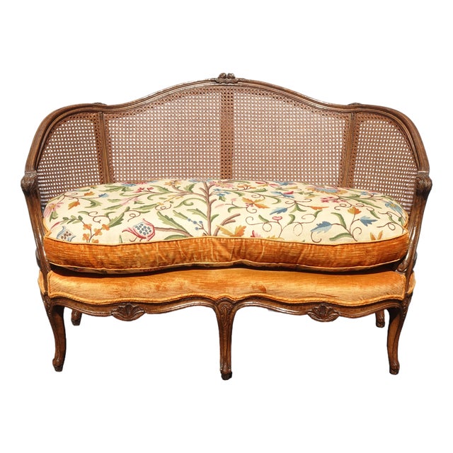 Antique French Louis XV Style Cane Settee Loveseat W Down & Orange Floral Fabric For Sale