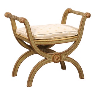 Mid 20th Century Italian Carved-Wood Curule Stool W/Cushion For Sale