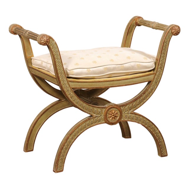 Mid 20th Century Italian Carved-Wood Curule Stool W/Cushion For Sale