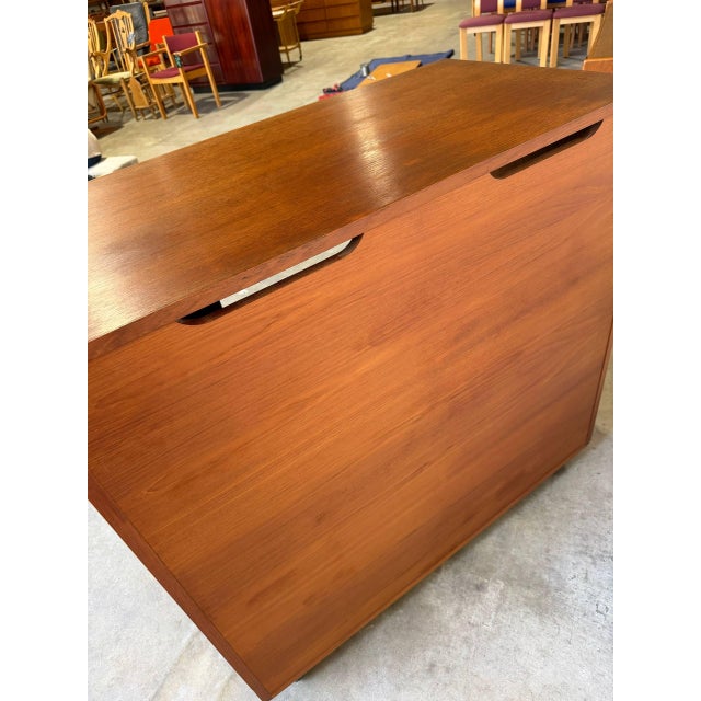 In Style of Dyrlund Teak Tambour Door Rolling Cabinet Denmark Mid-Century Modern 1970s For Sale - Image 9 of 10