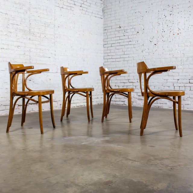 Late 19th Century Bauhaus Beech Bentwood Thonet Style Fan Back Captains Armchairs Set of 4 For Sale - Image 15 of 18