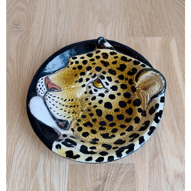 Mid 20th Century Vintage Italian Majolica Leopard Head Ceramic Bowl or Wall Plate For Sale - Image 5 of 5