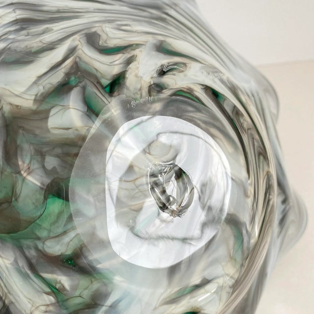 Metal Vintage Art Glass Bowl Ruffle Green Swirl Gold Metallic Large Centerpiece Dish Signed For Sale - Image 7 of 11