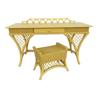 Maine Cottage Yellow Wicker and Rattan Writing Desk and Stool For Sale
