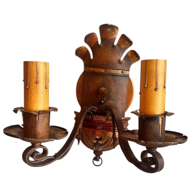 Burnt Umber Pair Brass and Iron Sconces in Original Old Paint Patina, Circa 1910 For Sale - Image 8 of 8