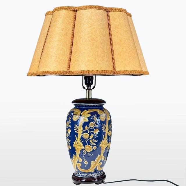 Blue Antique Porcelain Table Lamp with Parchment Shade, 1910s For Sale - Image 8 of 8