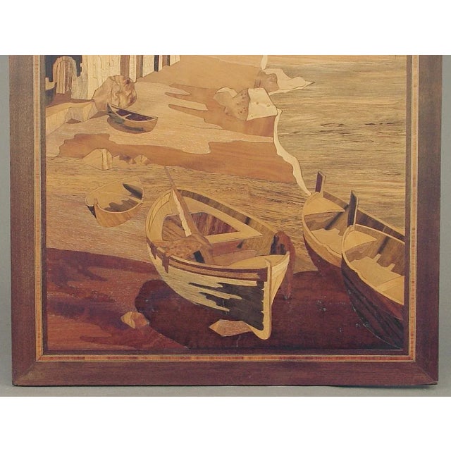 Rustic European Vintage Marquetry Depiction of the Mediterranean Seaside with Fishing Boats For Sale - Image 3 of 6
