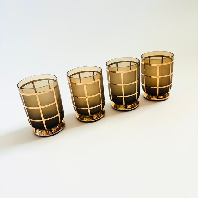 Mid-Century Modern Gold Grid Smoke Glass Cordials - Set of 4 For Sale - Image 3 of 9