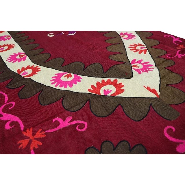 Maroon Vintage Hand Embroidered Suzani Wall Hanging, Uzbekistan, 1920s For Sale - Image 8 of 13