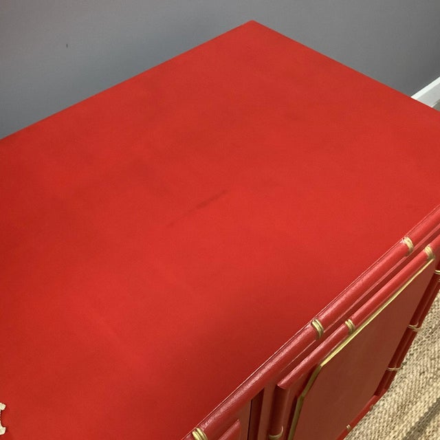 Red Chinoiserie Double Door Buffet Sideboard Petite Faux Bamboo Design W Drawer For Sale - Image 12 of 12