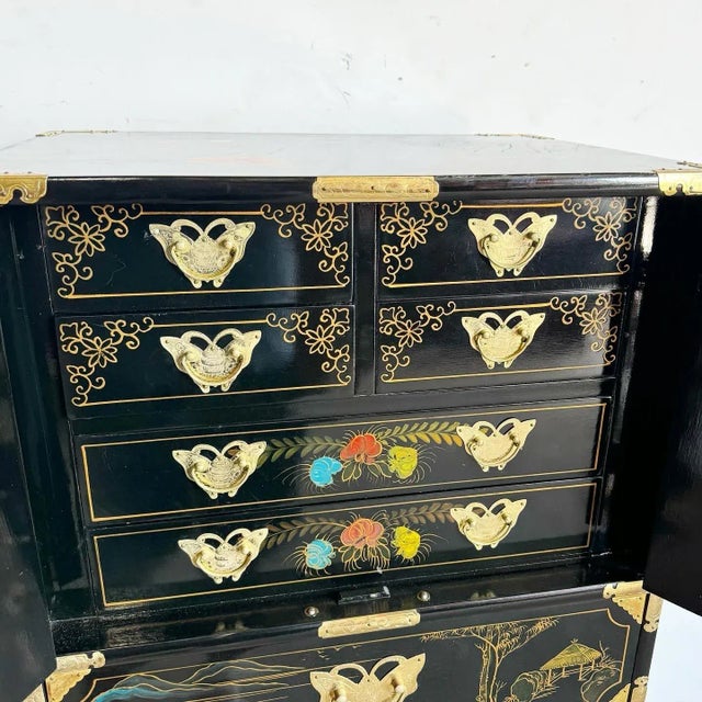 Chinese Black Lacquered Hand Painted Lingerie Chest With Gold Accents For Sale In Miami - Image 6 of 12