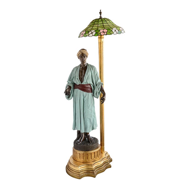 Early 20th Century Figure Lamp With Art Glass Shade For Sale