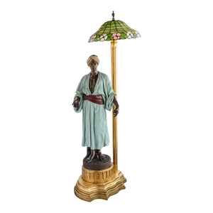 Early 20th Century Figure Lamp With Art Glass Shade