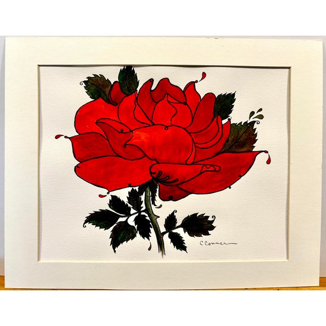 Original Watercolor “Red Gothic Rose” Ink and Wash Painting For Sale - Image 4 of 8