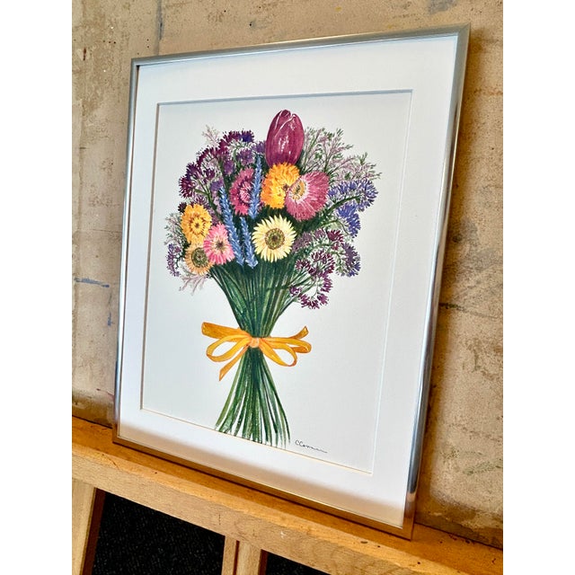Eggplant Original Watercolor Painting “Strawflower Bouquet” Framed For Sale - Image 8 of 11