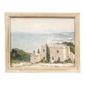 American School Coastal Landscape Oil Painting on Board of a Mediterranean House on the Sea