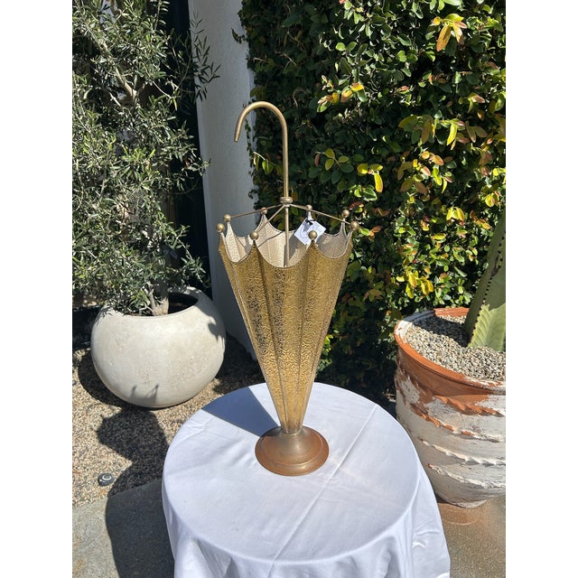Vintage Embossed Brass Umbrella Stand With Hook Handle For Sale - Image 14 of 16