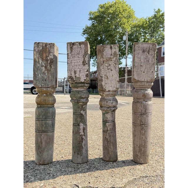 Antique French Farmhouse Turn Carved Wooden Spindle Balusters with Attractive Authentic Weathered Patina. Great to be...