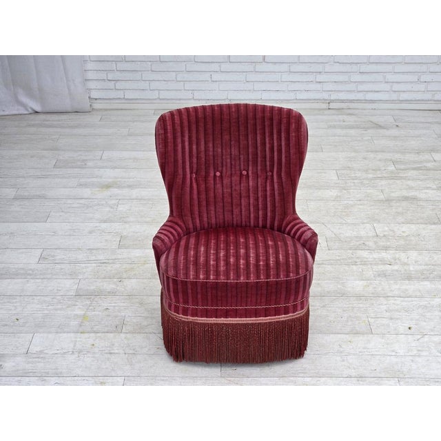 Danish Armchair in Striped Red Furniture Velour, 1960s For Sale - Image 17 of 17