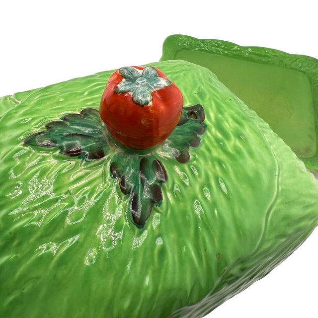 English Majolica Cabbage Butter or Cheese Dish With Tomato Finial, Circa 1920s For Sale - Image 4 of 10