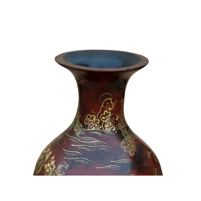 Wood Chinese Brown Lacquer Golden Scenery Decorative Wood Vase Art For Sale - Image 7 of 16