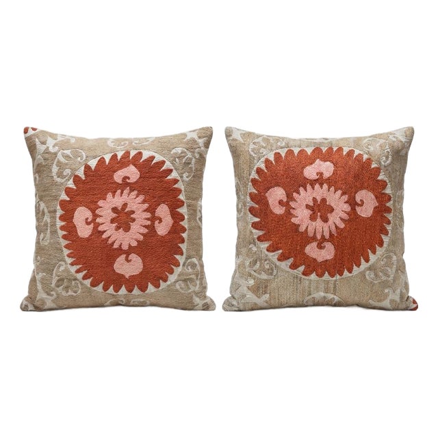 Embroidered Cotton Suzani Pillow Cover 26'' X 27'' - Set of Two For Sale