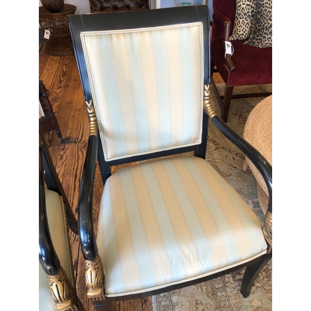 1980s Regency Style Black & Gold Dolphin Motif Armchairs -A Pair For Sale - Image 5 of 11