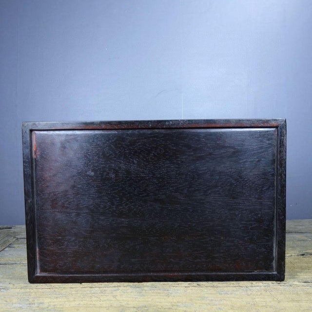 Chinese Vintage Chinese Rosewood Mother-of-Pearl Inlay Tea Tray With Sliding Compartment, Twin Foo Lions For Sale - Image 3 of 9