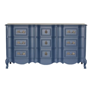 1970's French Provincial Blue Dresser of Nine Drawers For Sale
