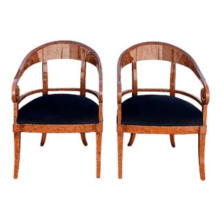 1970s Pair of Vintage Biedermeier Empire Scroll Arm Velvet Chairs For Sale
