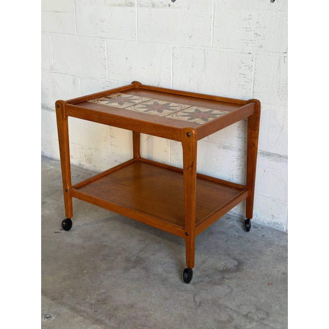 Mid-Century Modern Teak Tile-Top Rolling Bar Cart Danish Mid-Century Modern Tea Trolley 1960s For Sale - Image 3 of 11