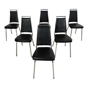 MCM Chromcraft Ribbed Black Vinyl Faux Leather & Chrome Dining Chairs Set of 6